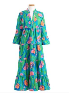 Annie Selkie Bright Floral Tiered Midi Dress - Blue & Pink size XS like new